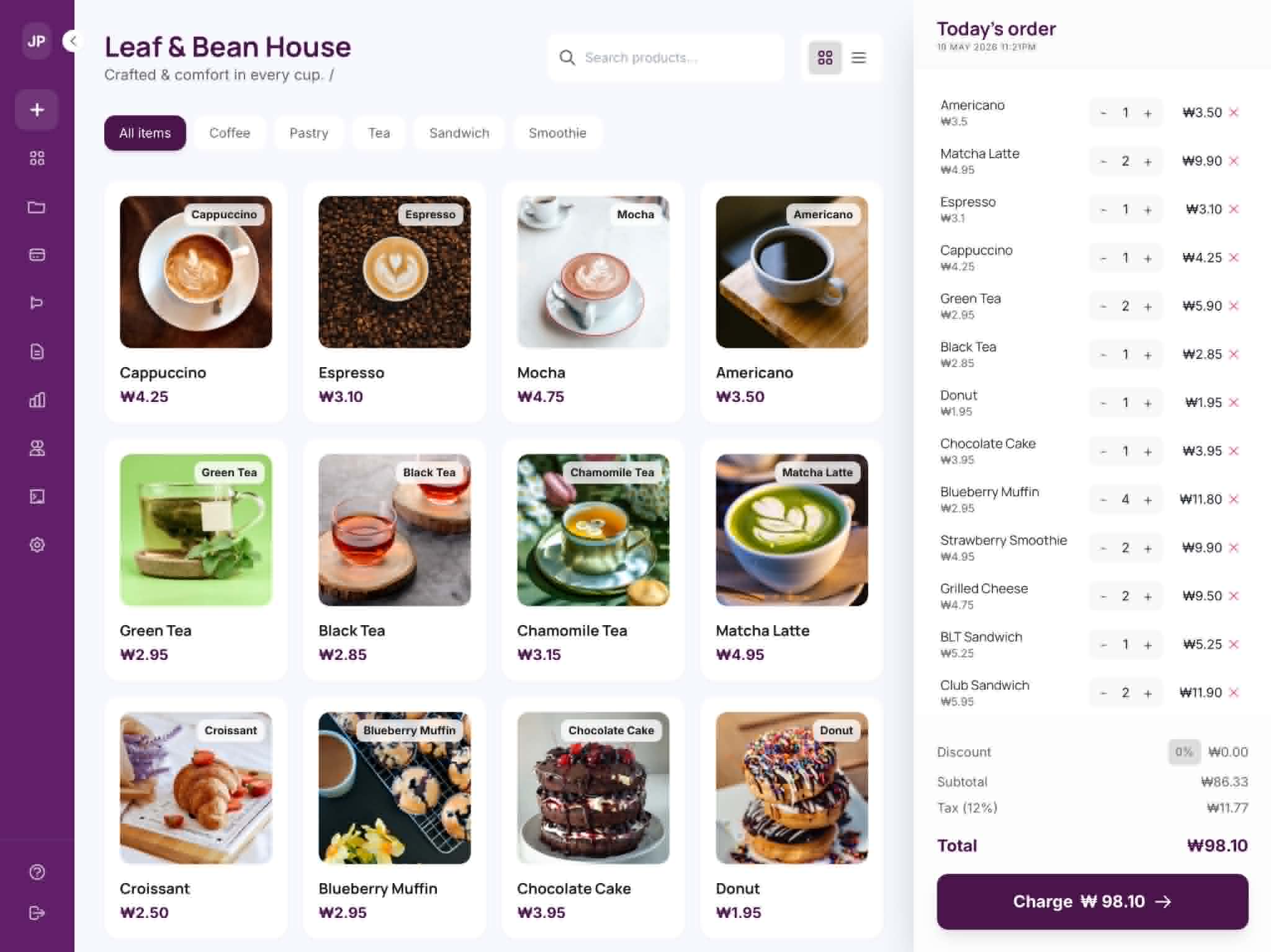 A high-fidelity interface mockup of the JPay POS dashboard displayed on a modern tablet. The screen shows a clean, organized layout with vibrant product tiles, a clear transaction summary, and a deep purple sidebar navigation. Soft ambient lighting illuminates the device, creating a professional and technologically advanced atmosphere against a minimalist office background.